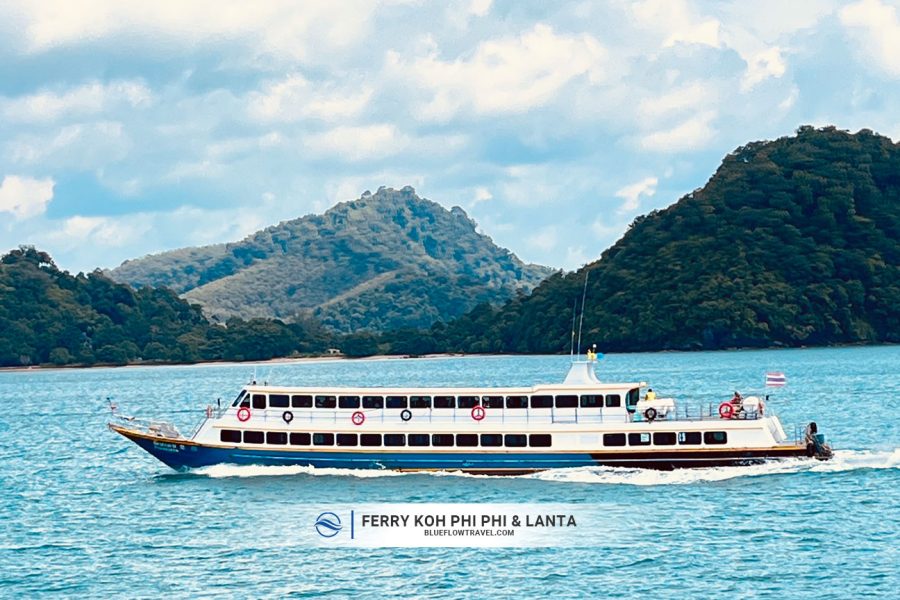 Side view of the ferry boat operating the Koh Phi Phi to Koh Lanta route.