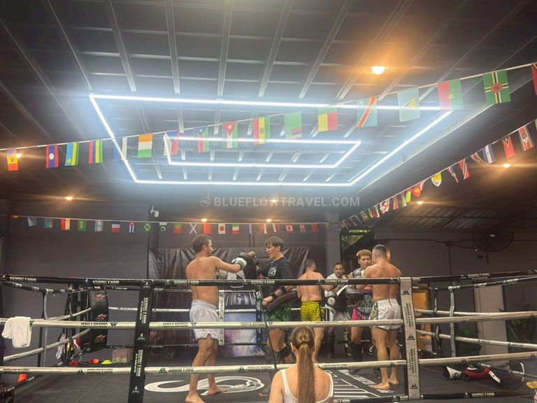 Group Muay Thai training session with students practising in the ring in Koh Phi Phi